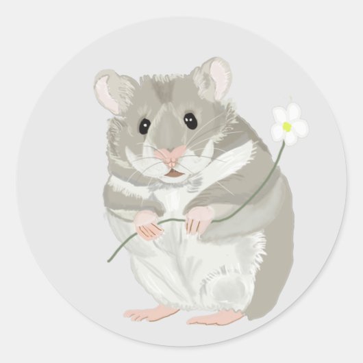 Kute Grey and White Hamster Holding a Flower Ronde Sticker (Voorkant)