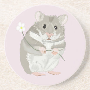Kute Grey and White Hamster Holding a Flower Zandsteen Onderzetter