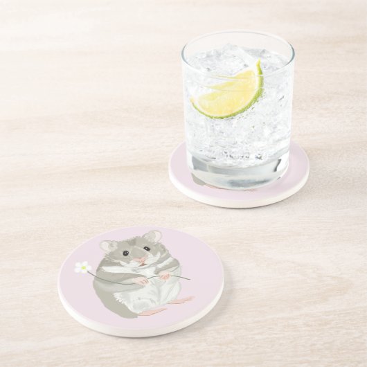 Kute Grey and White Hamster Holding a Flower Zandsteen Onderzetter (Zijkant)