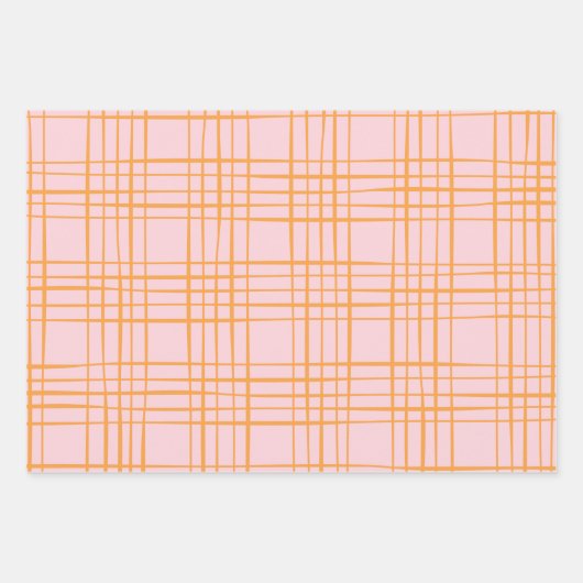 Kute Grid Lines Patroonroze en Oranje Inpakpapier Vel (Voorkant 2)