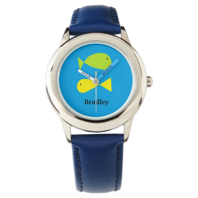 Kute groene en gele vissen op blauw horloge (Voorkant)
