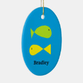 Kute groene en gele vissen op blauw keramisch ornament (Rechts)