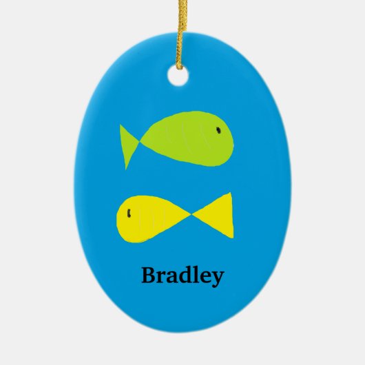 Kute groene en gele vissen op blauw keramisch ornament (Voorkant)