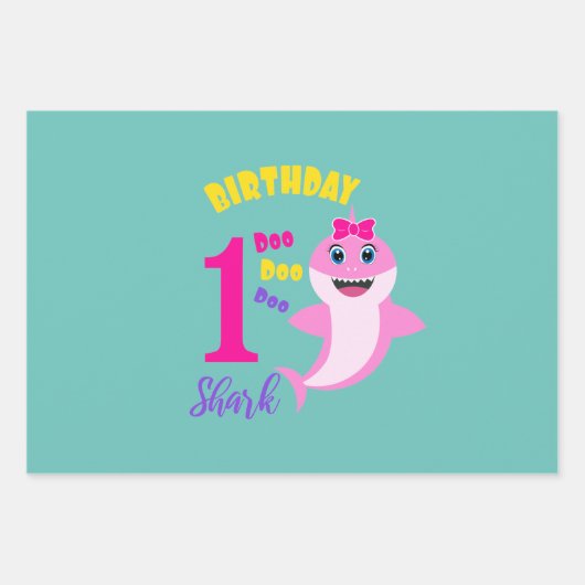 Kute haai 1e verjaardag inpakpapier vel (Voorkant)
