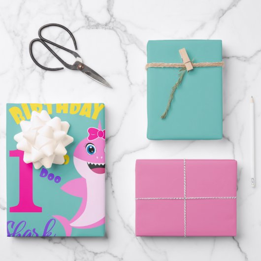 Kute haai 1e verjaardag inpakpapier vel (Voorkant)