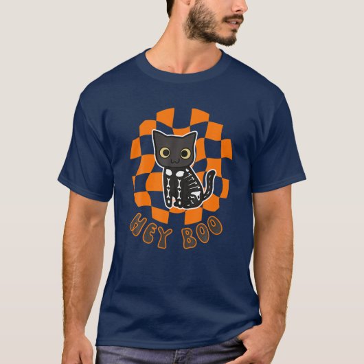 Kute halloween Cat Skeleton Checkerboard Trick of T-shirt (Voorkant)
