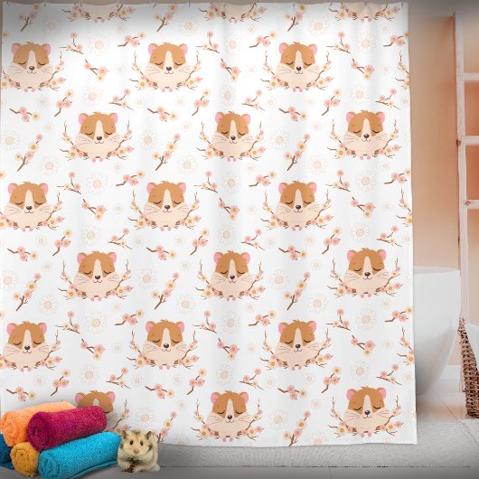 Kute Hamster Face and Pink Flowers Pattern Bath Douchegordijn