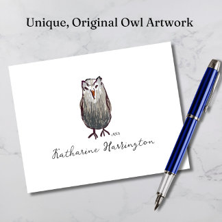 Kute Hand-Drawn Owl Whimsical Monogram Wildlife Notitiekaartje