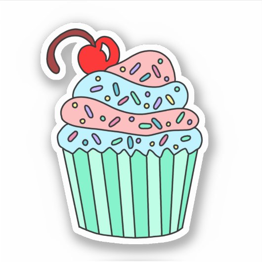 Kute handgetekende Cartoon Roze en Blauwe Cupcake Sticker (Voorkant)