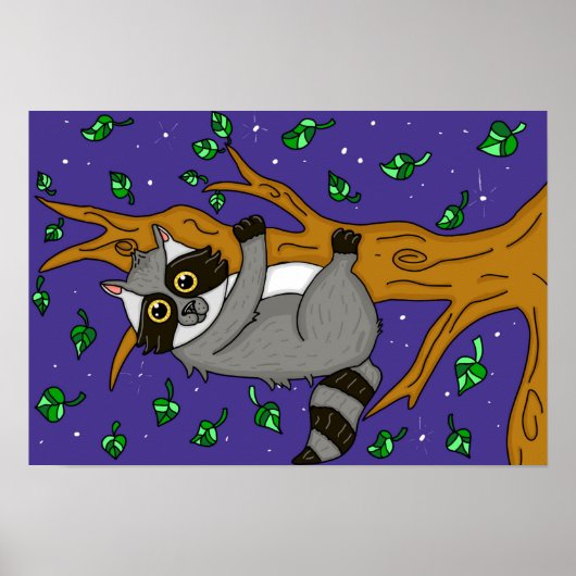 Kute handgetekende Raccoon Hangen vanaf boomtak Poster (Voorkant)