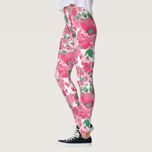 Kute handschilderroze bloemen elegant wit ontwerp leggings (Links)