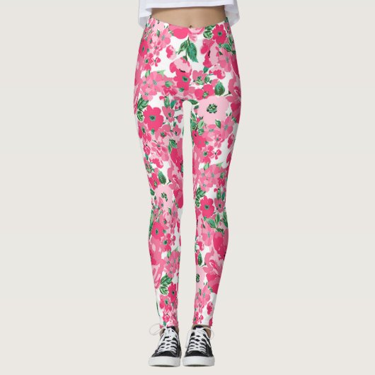 Kute handschilderroze bloemen elegant wit ontwerp leggings (Voorkant)