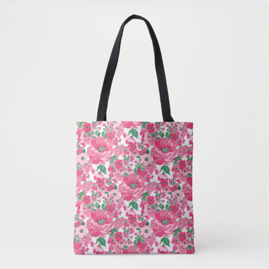 Kute handschilderroze bloemen elegant wit ontwerp tote bag (Voorkant)