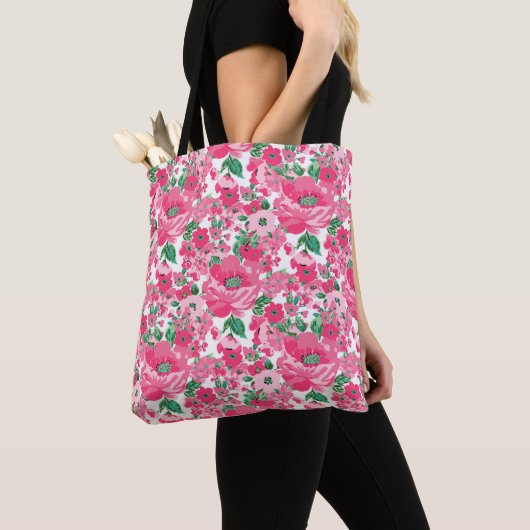 Kute handschilderroze bloemen elegant wit ontwerp tote bag (Dichtbij)
