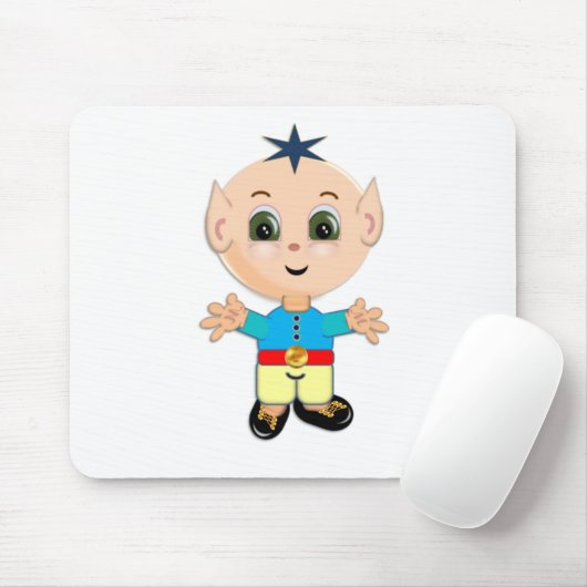 Kute happy baby elf in blauwe en gele kleren muismat (Met muis)