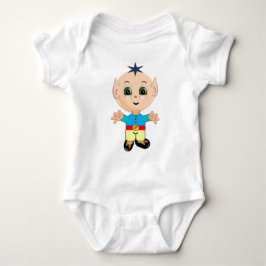 Kute happy baby elf in blauwe en gele kleren romper