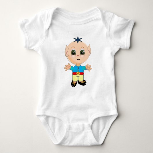 Kute happy baby elf in blauwe en gele kleren romper (Voorkant)