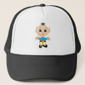 Kute happy baby elf in blauwe en gele kleren trucker pet (Voorkant)