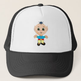 Kute happy baby elf in blauwe en gele kleren trucker pet