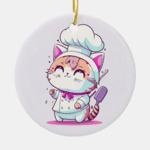 Kute Happy Baker Pastry Chef Cat Kitten Keramisch Ornament