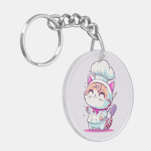 Kute Happy Baker Pastry Chef Cat Kitten | Sleutelhanger (Voorkant Links)