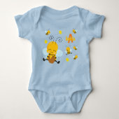 Kute Happy Bumble Bee met Flowers Blue Romper (Voorkant)