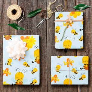Kute Happy Bumble Bee met Flowers Little Kind Inpakpapier Vel