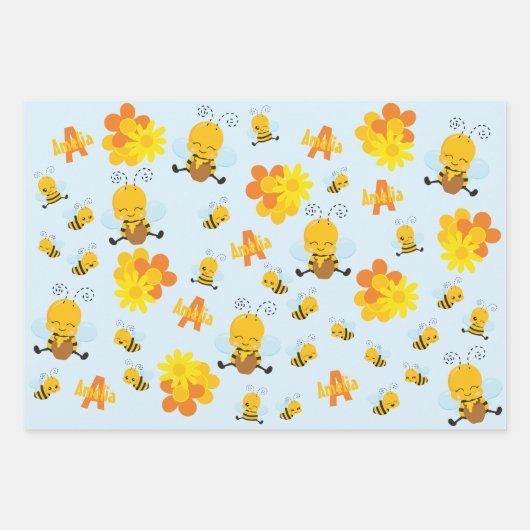 Kute Happy Bumble Bee met Flowers Little Kind Inpakpapier Vel (Voorkant)