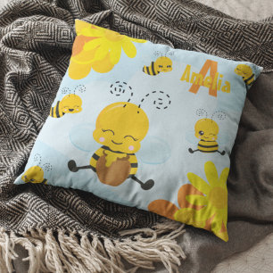 Kute Happy Bumble Bee met Flowers Little Kind Kussen
