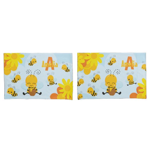 Kute Happy Bumble Bee met Flowers Little Kind Kussensloop (Voorkant-Set)