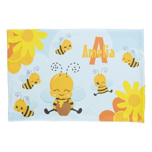 Kute Happy Bumble Bee met Flowers Little Kind Kussensloop (Voorkant-Links)