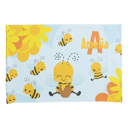 Kute Happy Bumble Bee met Flowers Little Kind Kussensloop (Voorkant-Rechts)