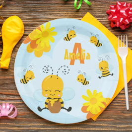 Kute Happy Bumble Bee met Flowers Little Kind Papieren Bordje