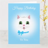 Kute Happy Cat Face Birthday on Light Blue Kaart (Gele Bloem)