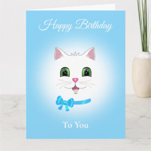 Kute Happy Cat Face Birthday on Light Blue Kaart