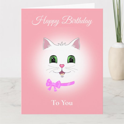 Kute Happy Cat Face Birthday on Light Coral Pink Kaart (Voorkant)