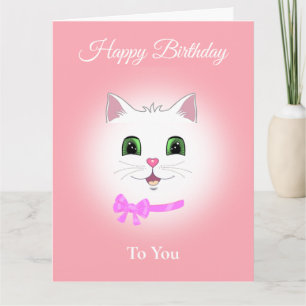 Kute Happy Cat Face Birthday on Light Coral Pink Kaart
