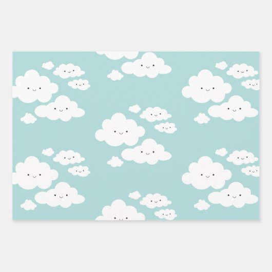 Kute Happy Clouds Blue Wrapping Paper Sheets (Voorkant)