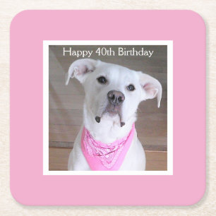 Kute Happy Dog met zigeunerige ogen, Birthday roze Kartonnen Onderzetters