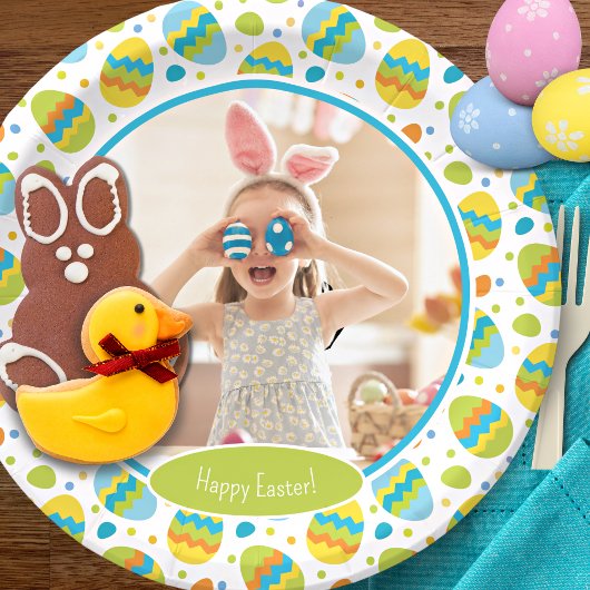 Kute Happy Easter Egg Pattern met Foto Party Papieren Bordje
