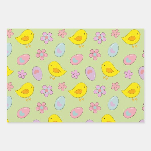 Kute Happy Easter Eggs Chicken Flowers Spring gree Inpakpapier Vel (Voorkant)
