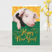 Kute Happy New Year Varken met Bow Stropdas en Gli Kaart (Gele Bloem)