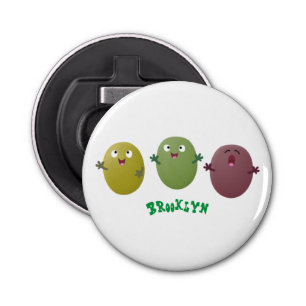 Kute happy olives die cartoon zingen button flesopener
