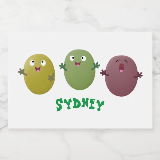 Kute happy olives die cartoon zingen voedselcontainer etiket (Enkel label)