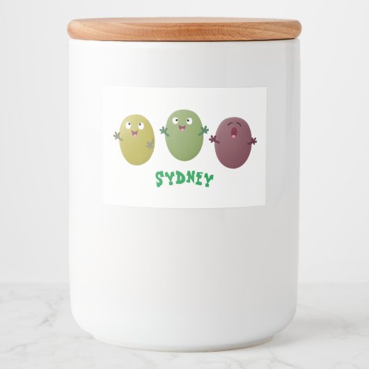 Kute happy olives die cartoon zingen voedselcontainer etiket (Voorkant)