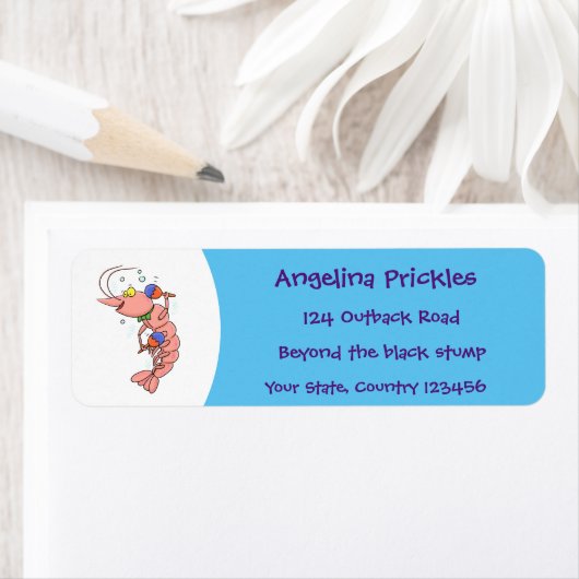 Kute happy shrimp, garnaal cartoon etiket (Insitu)