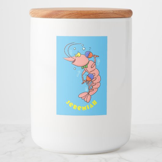 Kute happy shrimp, garnaal cartoon voedselcontainer etiket (Voorkant)