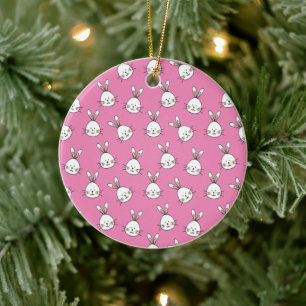 Kute Happy White Pasen Bunny op Roze Keramisch Ornament