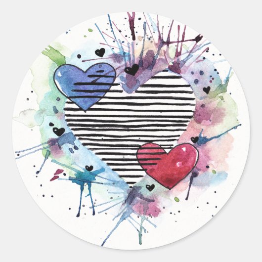 Kute hart en was in de Waterverf Ronde Sticker (Voorkant)