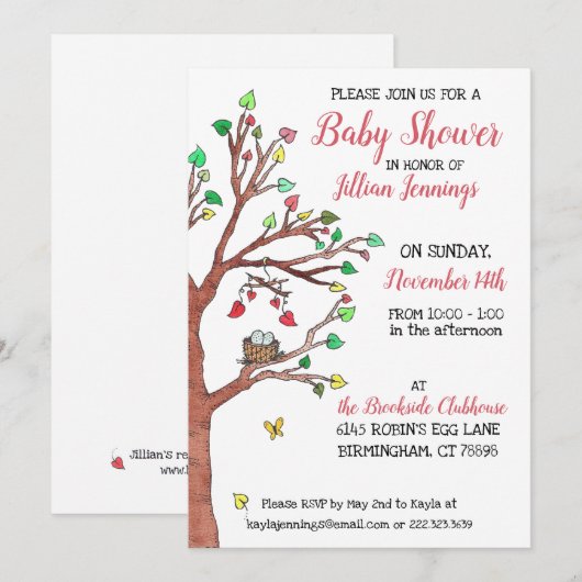 Kute hartbladeren en vogelnestBaby shower Kaart (Voorkant / Achterkant)